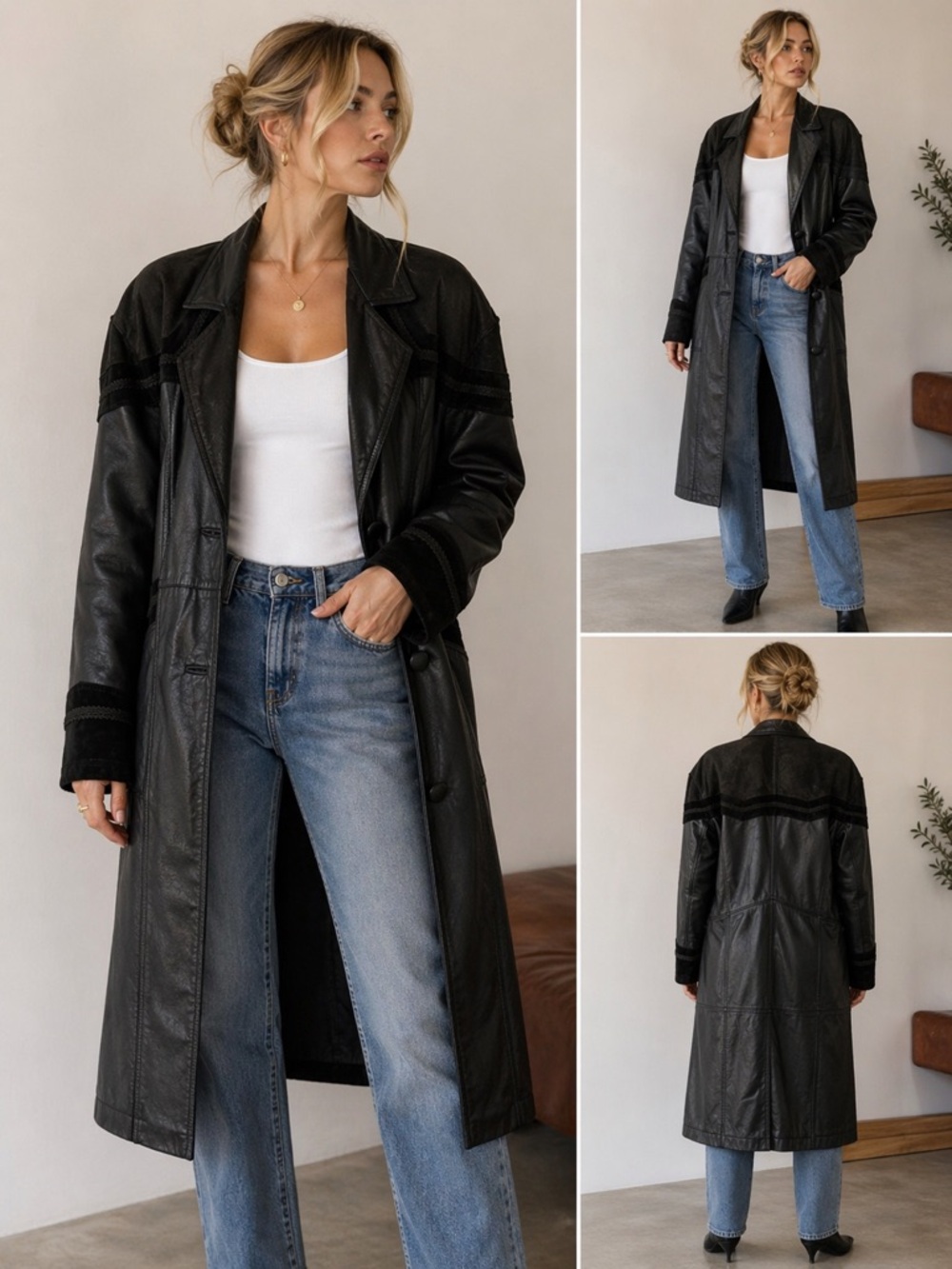 Greg Bell Women’s Black Leather Trench Coat | Size Large with Vintage Buttons